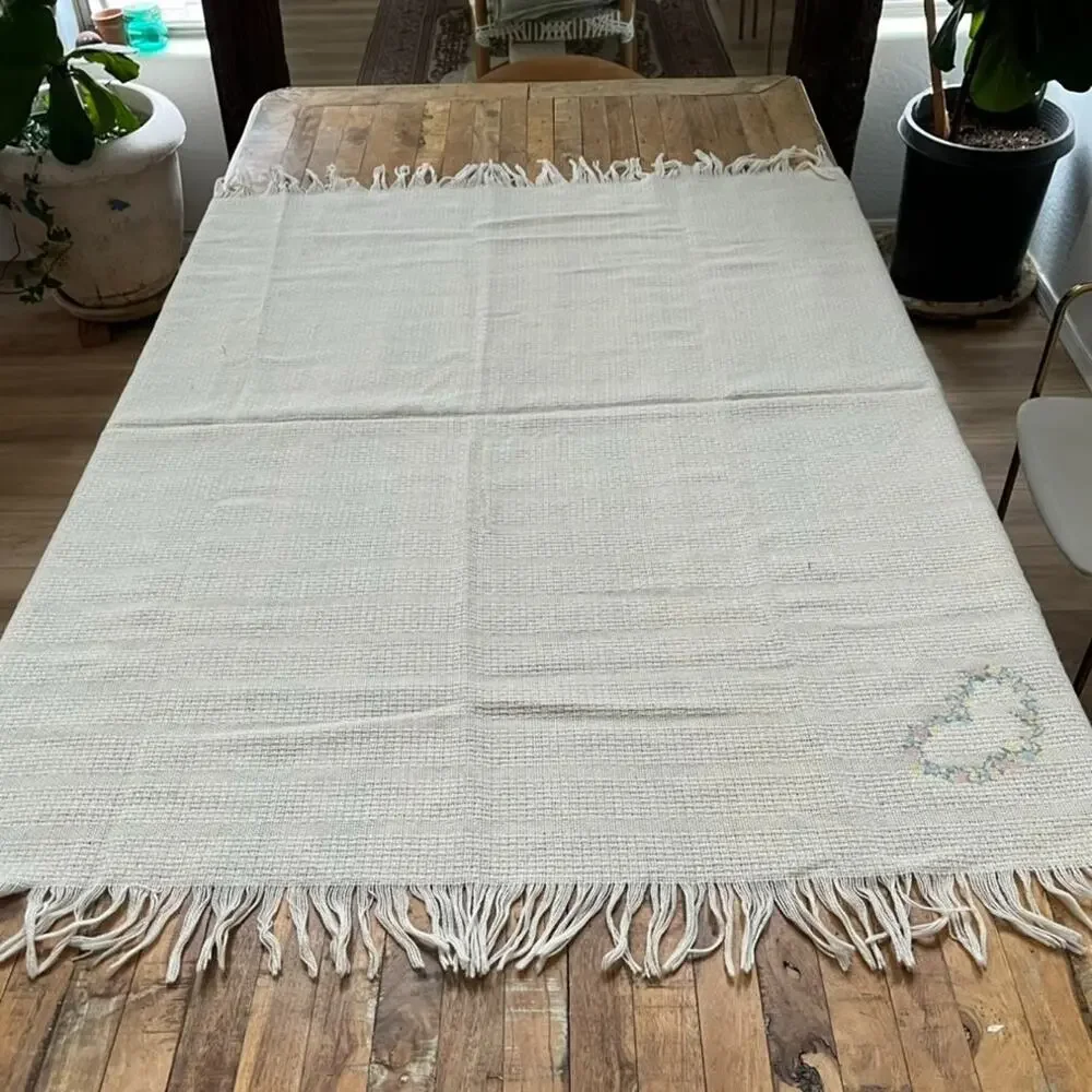 Faribo Waffle Knit Wool Blend Throw Blanket Cream Embroidered Floral Heart 53x49